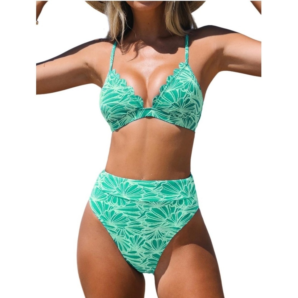 Cupshe Women Bikini Set S Green Polyester Palm Leaf High Waisted Scallop Trim